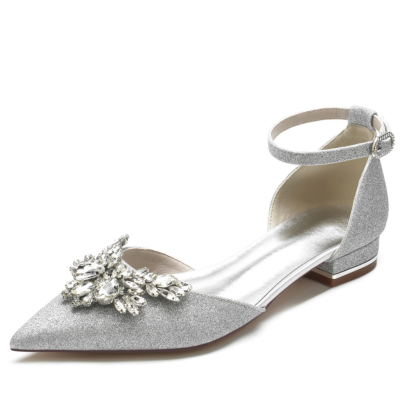 Zapatos de boda con diamantes de imitación y correa en el tobillo planos D'orsay con joyas y purpurina plateada