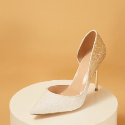 Zapatos de salón con lentejuelas y tacón de aguja D'orsay con punta en pico y purpurina degradada en blanco y dorado de Up2step