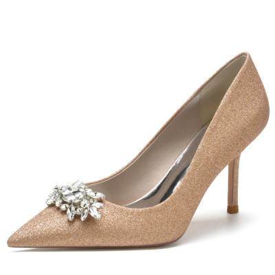 Zapatos de boda de tacón de aguja con diamantes de imitación y punta en punta con purpurina de Champange