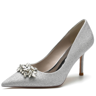 Zapatos de boda con tacón de aguja y diamantes de imitación en punta con purpurina plateada