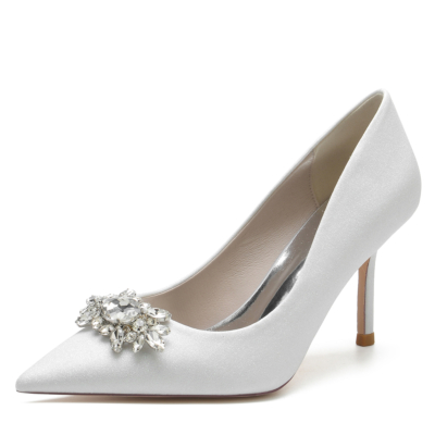 Zapatos de boda con tacón de aguja y diamantes de imitación en punta con purpurina blanca