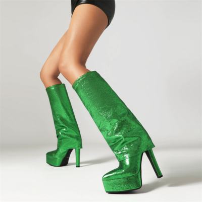 Botas sobre la rodilla con plataforma y tacón de aguja con punta en punta y brillo verde