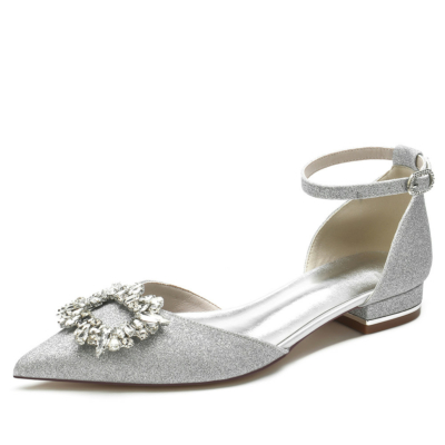 Zapatos planos cómodos con correa en el tobillo con hebilla de diamantes de imitación grises