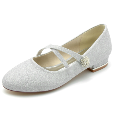 Zapatos de boda planos Mary Jane con tira cruzada y punta redonda con purpurina plateada