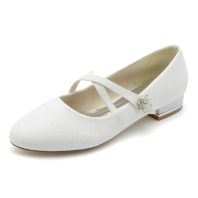 Zapatos planos de boda Mary Jane con tira cruzada y punta redonda con purpurina blanca