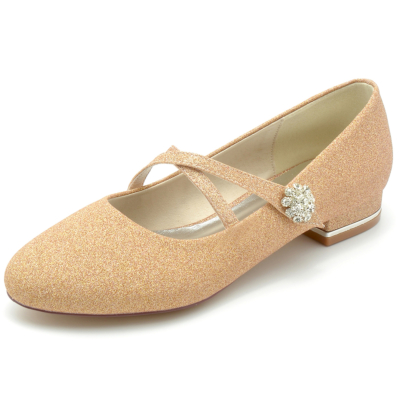 Zapatos de boda Mary Jane con tira cruzada y punta redonda con purpurina dorada