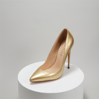 Zapatos de tacón dorados con punta en pico para damas de oficina con tacón alto de 4 pulgadas