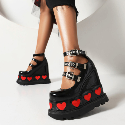 Zapatos con hebilla de correa triple y tacón grueso con plataforma de corazón gótico Mary Jane