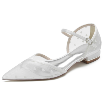 Zapatos planos con correa en el tobillo y empeine en V de malla D'orsay con forma de corazón blanco