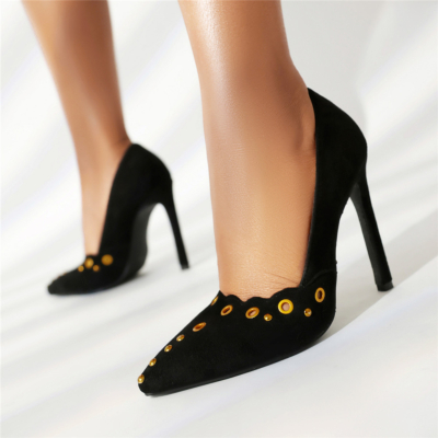 Zapatos de tacón de aguja negros con punta puntiaguda y zapatos de vestir para mujer