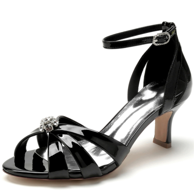 Sandalias de diamantes de imitación ahuecadas negras con tacones bajos de peep toe block
