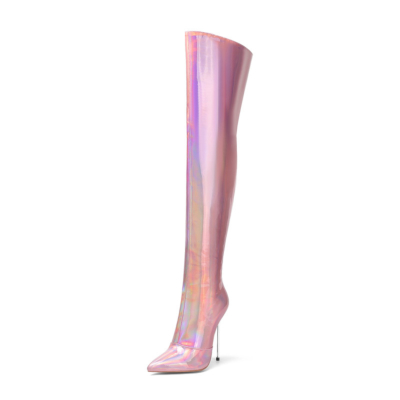 Botas altas hasta el muslo con tacón holográfico rosa Botas de tacón de aguja con cremallera de pantorrilla ancha