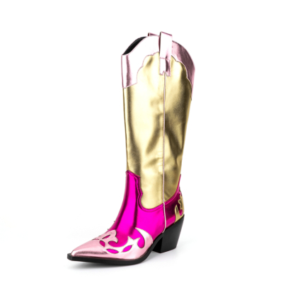 Botas vaqueras de moda rosa fuerte y dorado Tacones de bloque Botas Chelsea de pantorrilla ancha