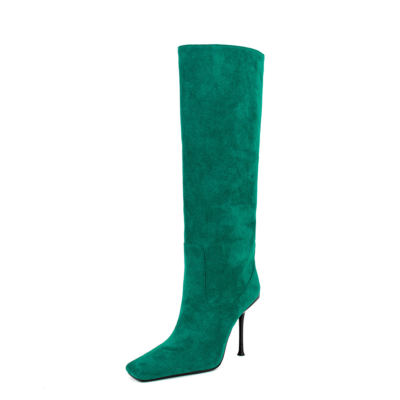 Botas de mujer de ante verde con punta cuadrada y tacón alto hasta la rodilla