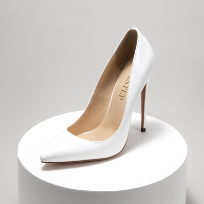 Zapatos de salón blancos de tacón alto de aguja de 4 pulgadas para damas de oficina con punta en punta