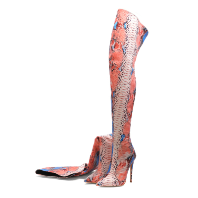 Botas por encima de la rodilla con tacón de aguja en punta en relieve de serpiente de moda rosa-style14