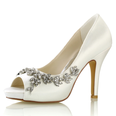 Zapatos de boda con punta abierta de satén blanco marfil Flores de diamantes de imitación Bombas de plataforma de tacón de aguja