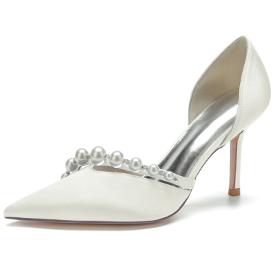 Zapatos de boda de tacón de aguja con perlas y punta estrecha de satén marfil