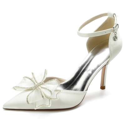 Zapatos de boda de satén color marfil, zapatos de tacón de aguja con punta estrecha y correa en el tobillo con lazo