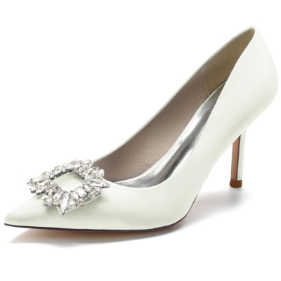 Zapatos de boda de satén marfil Zapatos de tacón de aguja con punta en punta