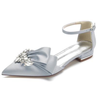 Zapatos planos con lazo y joyas plateadas, correa en el tobillo, zapatos de satén con diamantes de imitación para novia D'orsay
