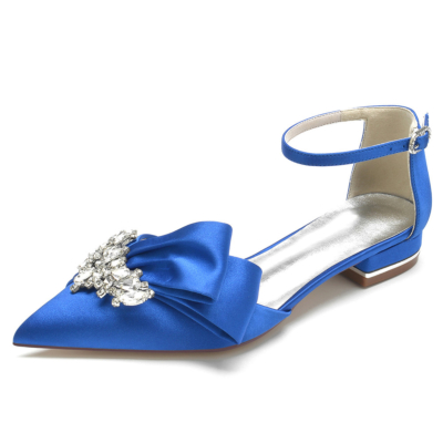 Zapatos planos con lazo y joyas en azul real, correa en el tobillo, zapatos de satén con diamantes de imitación para novia D'orsay