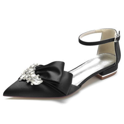 Zapatos planos con lazo y pedrería negros con correa en el tobillo para novia D'orsay