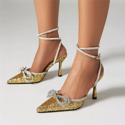 Sandalias doradas con adorno de lazo y tacones D'orsay con purpurina y lentejuelas sin espalda