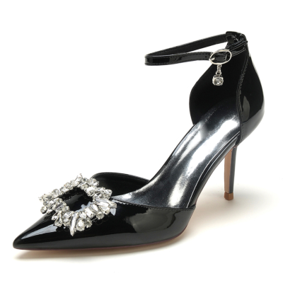Zapatos de oficina con hebilla enjoyada negra Bombas Tacones D'orsay con punta en punta