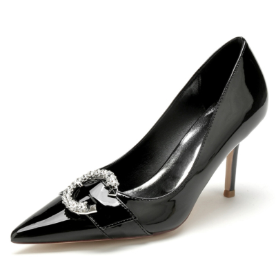 Tacones de aguja con hebilla enjoyada negra Zapatos de tacón con punta en punta para el trabajo