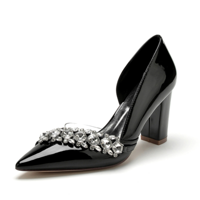 Zapatos de salón D'orsay transparentes con joyas negras Vestidos recortados Zapatos Tacones de bloque
