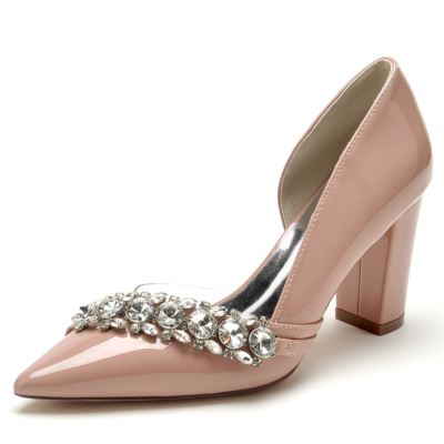 Pink Jeweled Clear D'orsay Pumps Vestidos recortados Zapatos Tacones de bloque