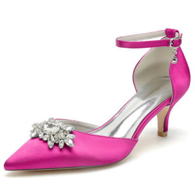 Zapatos de tacón tipo gatito con joyas fucsia Zapatos de tacón D'orsay Zapatos con correa en el tobillo de satén para boda