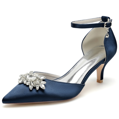 Zapatos de tacón tipo gatito con joyas en azul oscuro Zapatos de tacón D'orsay Zapatos con correa en el tobillo de satén para boda