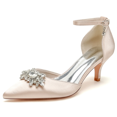 Zapatos de tacón tipo gatito con joyas color champán Zapatos de tacón D'orsay Zapatos con correa en el tobillo de satén para boda