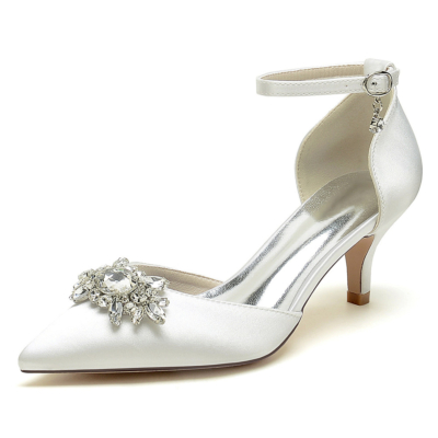 Tacones de gatito con joyas beige Zapatos de tacón D'orsay Zapatos con correa en el tobillo de satén para boda