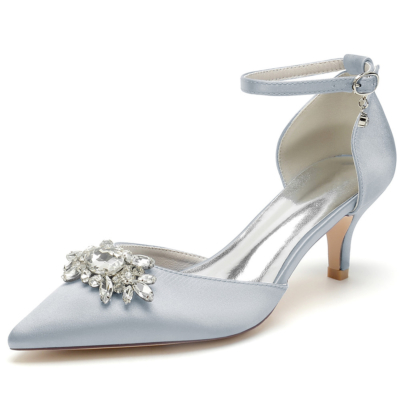 Zapatos de tacón tipo gatito con joyas grises Zapatos de tacón D'orsay Zapatos con correa en el tobillo de satén para boda