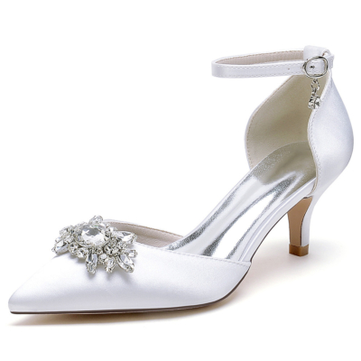 Tacones de gatito con joyas blancas Zapatos de tacón D'orsay Zapatos con correa en el tobillo de satén para boda