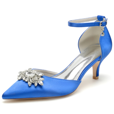 Zapatos de tacón tipo gatito con joyas en azul real Zapatos de tacón D'orsay Zapatos con correa en el tobillo de satén para boda