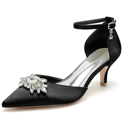 Zapatos de tacón tipo gatito con joyas negros Zapatos de tacón D'orsay Zapatos con correa en el tobillo de satén para boda