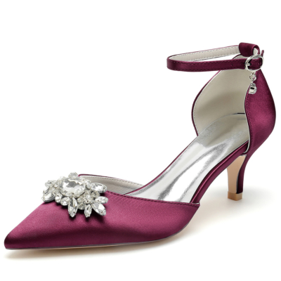 Zapatos de tacón tipo gatito con joyas color burdeos Zapatos de tacón D'orsay Zapatos con correa en el tobillo de satén para boda