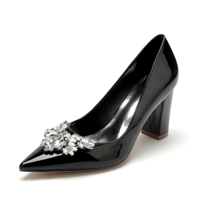 Zapatos de tacón con pedrería negros Zapatos de vestir con punta puntiaguda y tacones de bloque