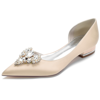 Zapatos planos nupciales de satén con joyas color champán Vestidos sin cordones para boda Zapatos planos D'orsay