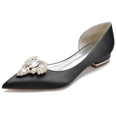 Zapatos planos de novia de satén con joyas negras, vestidos sin cordones para boda, zapatos planos D'orsay