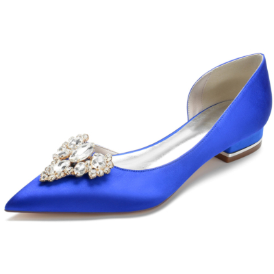 Zapatos planos nupciales de satén con joyas en azul real, vestidos sin cordones para boda, zapatos planos D'orsay