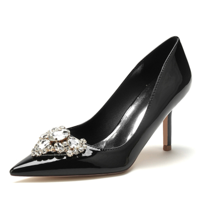 Zapatos de tacón de aguja con hebilla de pedrería negra para vestir