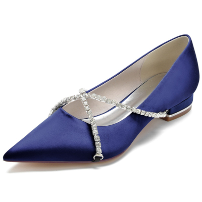 Zapatos planos de cadena cruzada con joyas azul marino Zapatos planos de satén con punta estrecha