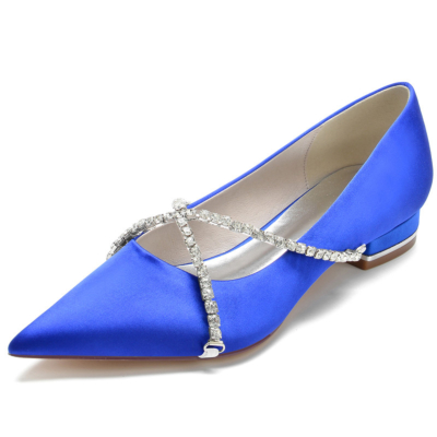 Zapatos Planos de Punta Puntiaguda en Satén azul real con Correa Cruzada Decorada con Joyas