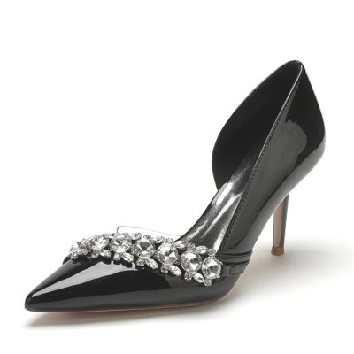 Zapatos D'orsay con adornos de joyas negras Tacones de baile con punta en punta para vestido