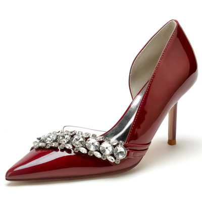 Zapatos D'orsay con adornos de pedrería burdeos, tacones de baile con punta en punta para vestido